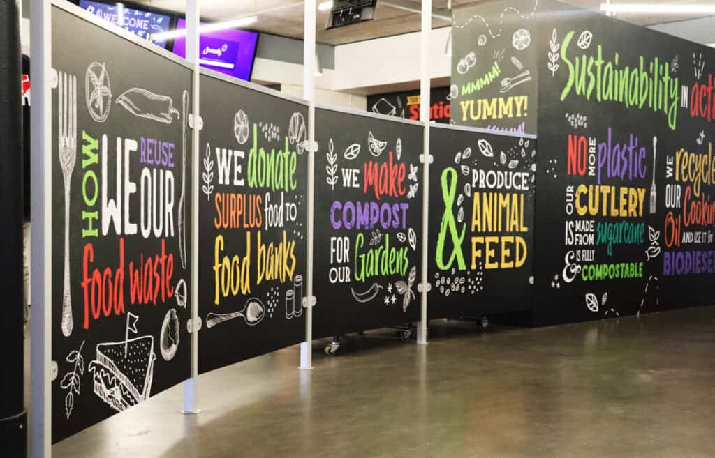 Bright educational chalkboard promoting reuse, donate, compost, and animal feed at 52 Degrees North.