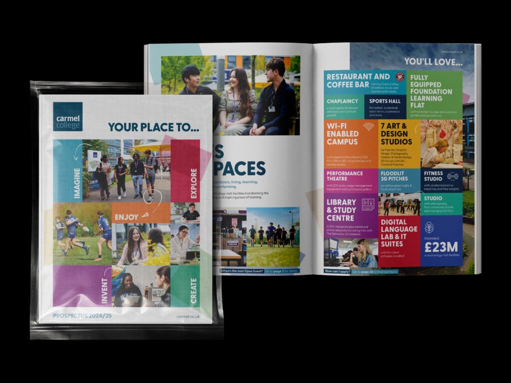 A vibrant university brochure showcasing Carmel College's facilities, programs, and campus life for prospective students.