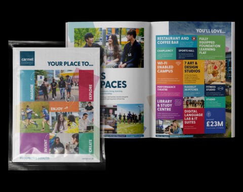 A vibrant university brochure showcasing Carmel College's facilities, programs, and campus life for prospective students.